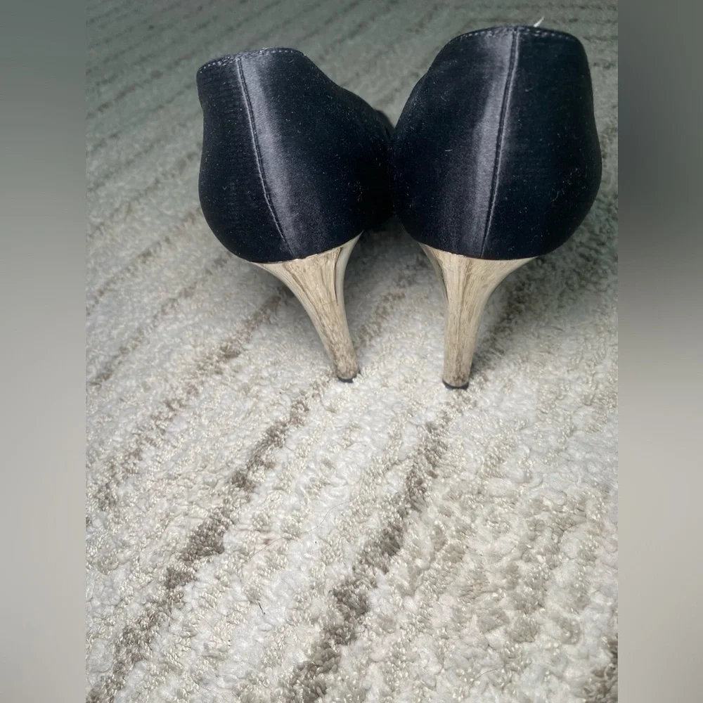Chanel Black Satin & Patent Leather Heels w/ Sculptural Silver Heel size 40